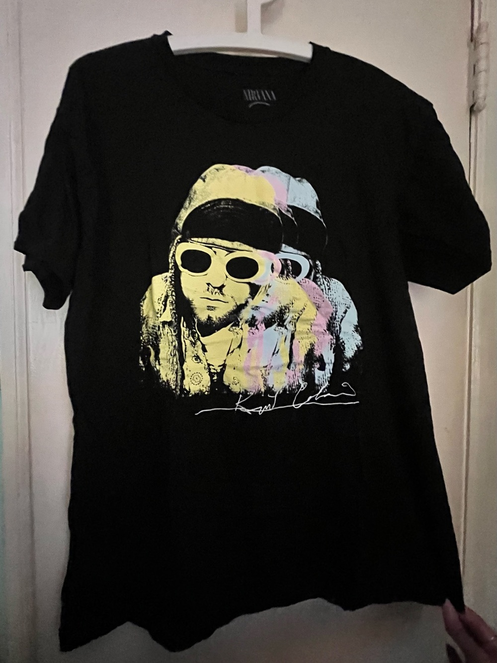 Black Graphic Short-Sleeve Tee with Pastel Kurt Cobain Portrait